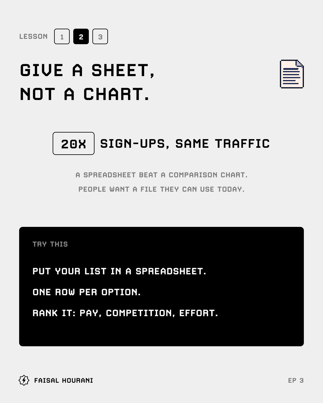 Lesson 2 from episode 3: give a sheet, not a chart
